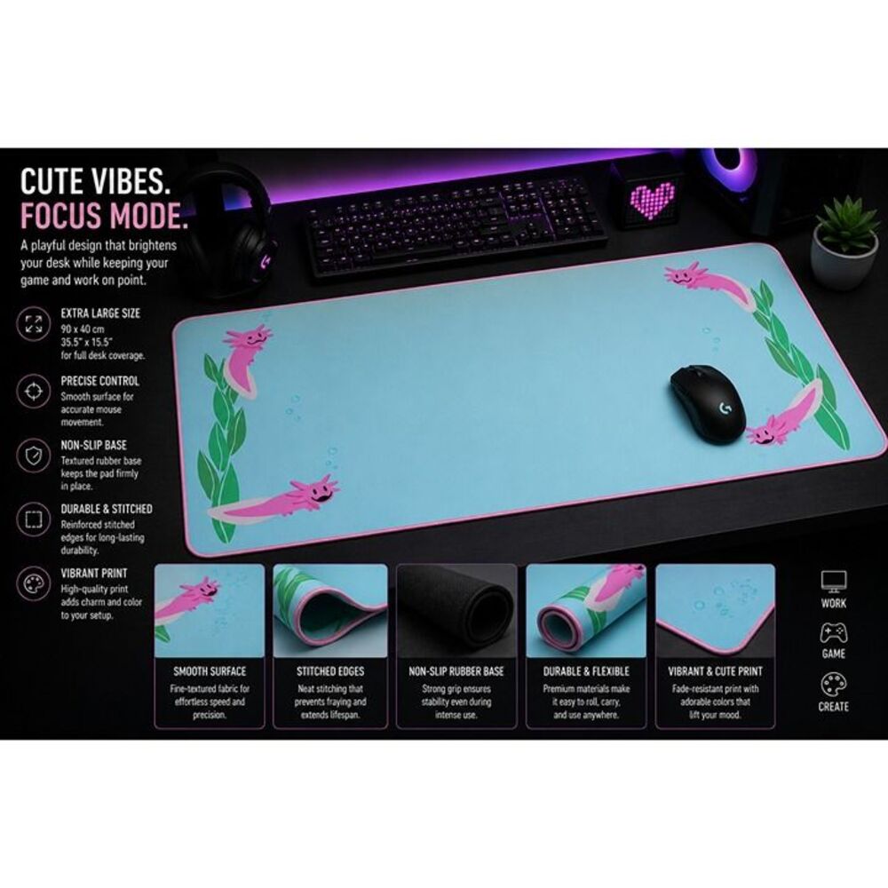 Cute Axolotl XL Gaming Mouse Pad Desk Mat 35.5"x15.7" Non-Slip Stitched